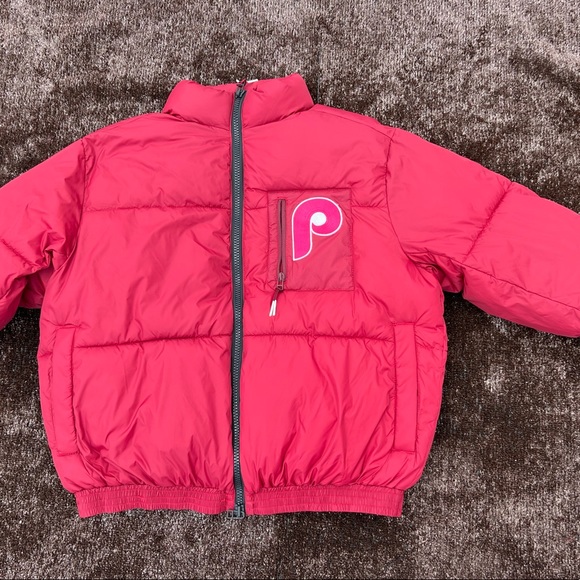 Unisex Adult Oversized Foot Locker Puffer x Phillies Patch Custom Baby Blue Pink - Picture 11 of 13